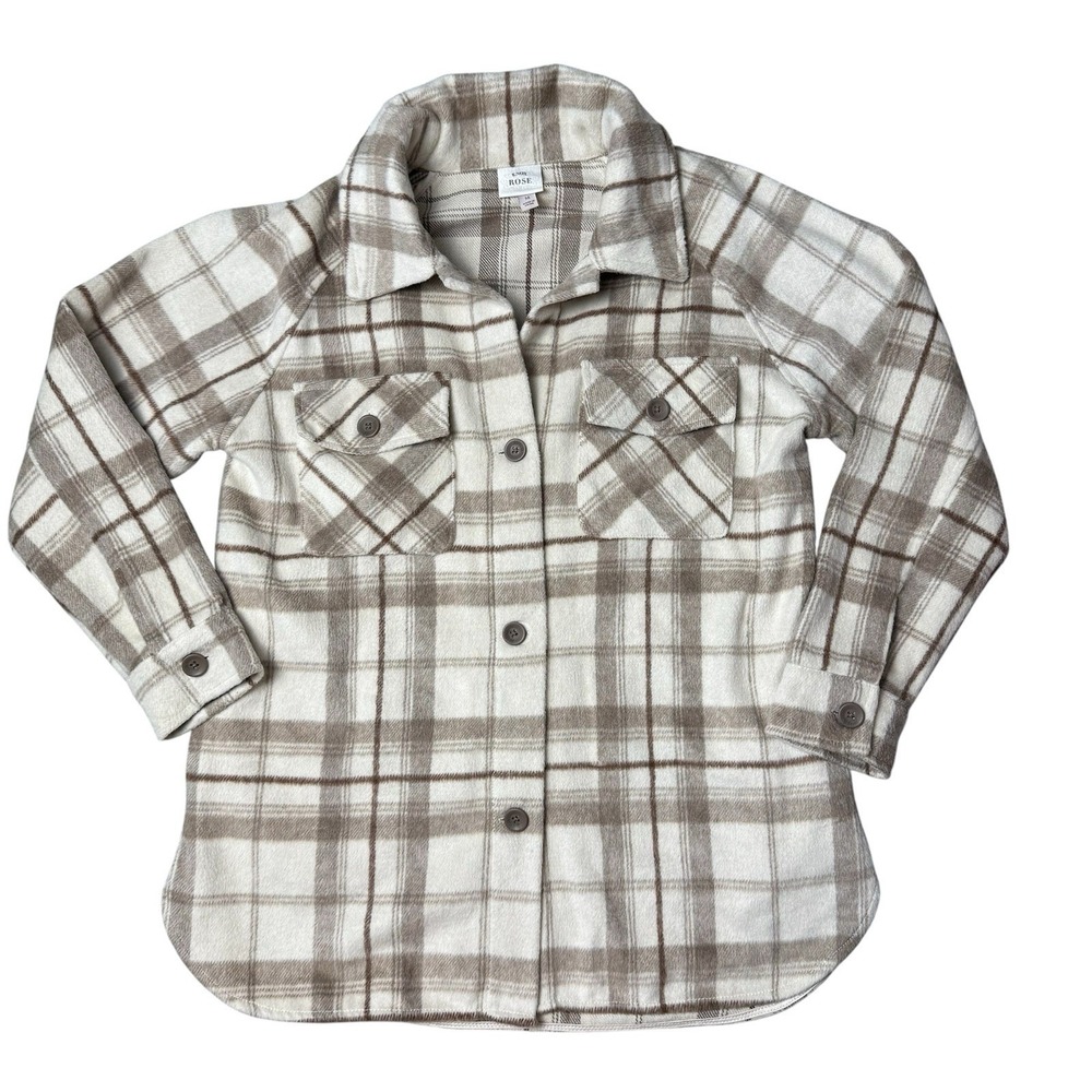 Flannel Plaid Jacket Womens Medium Cream Brown Farmhouse Rustic Cozy Shacket